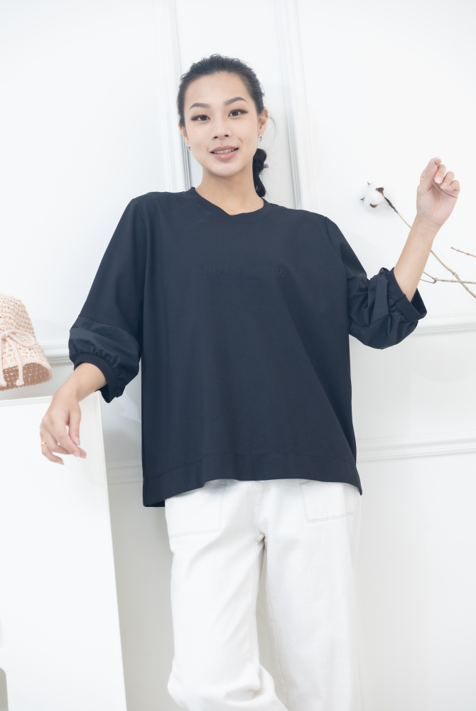 긴팔 胸前sunshine souls字七分袖上衣 / 黑色