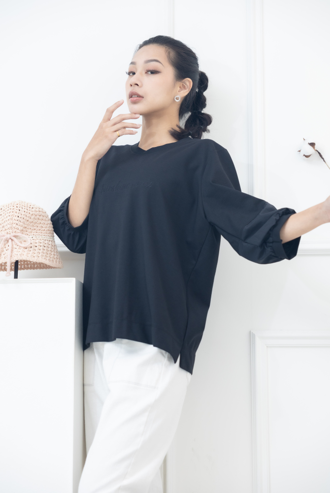 긴팔 胸前sunshine souls字七分袖上衣 / 黑色