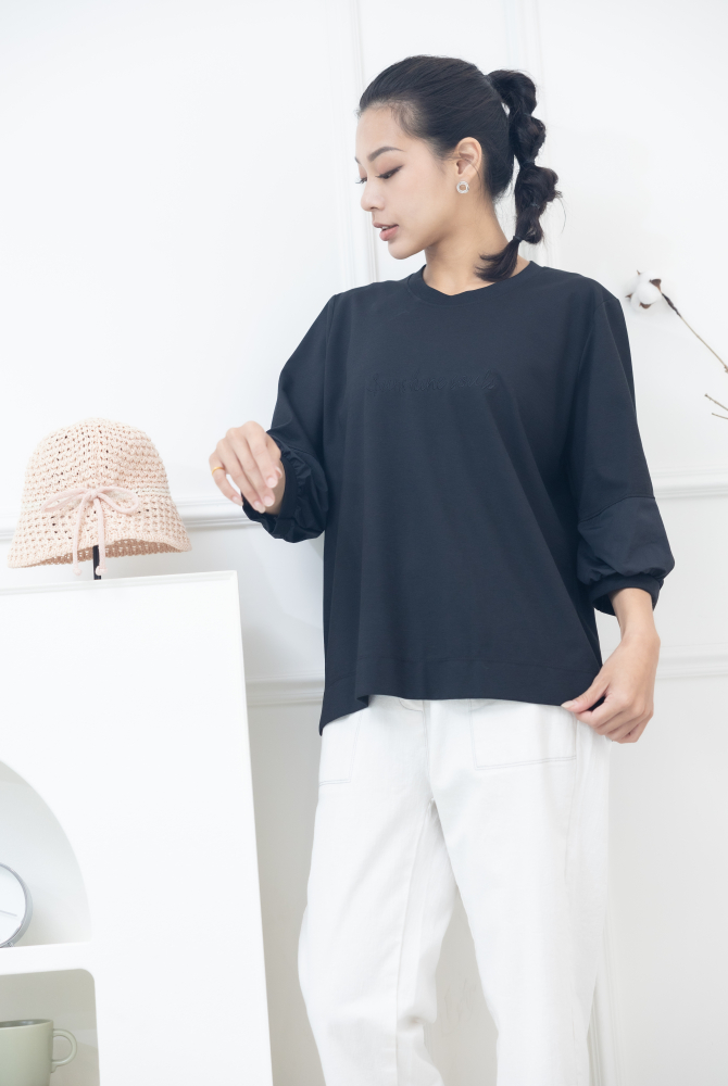 긴팔 胸前sunshine souls字七分袖上衣 / 黑色