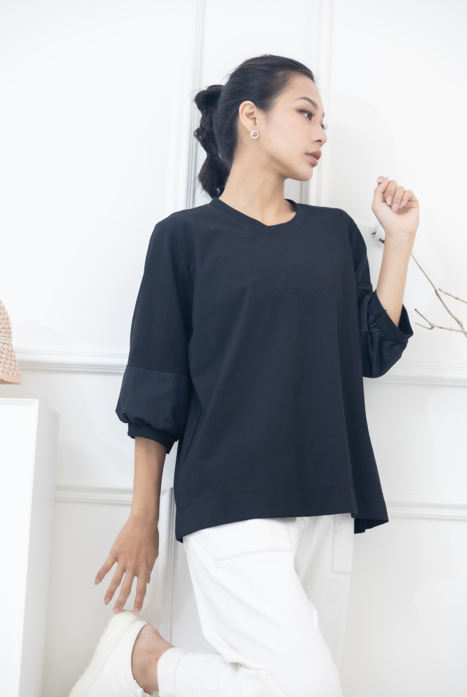 긴팔 胸前sunshine souls字七分袖上衣 / 黑色