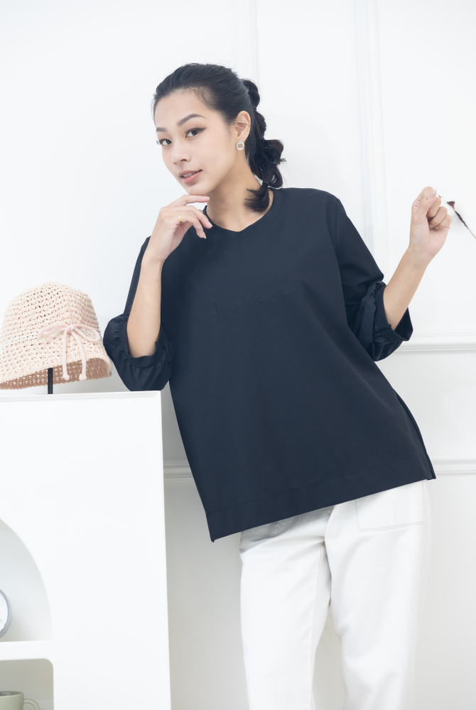 긴팔 胸前sunshine souls字七分袖上衣 / 黑色