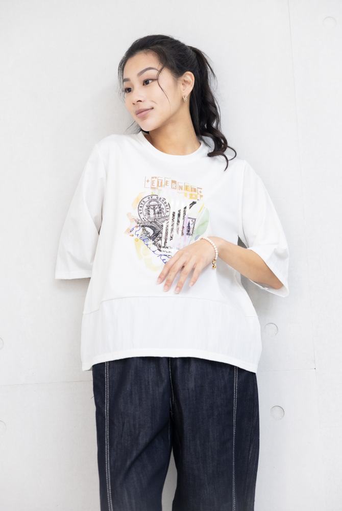 반팔 雷射印花異材質拼接上衣 / 白色