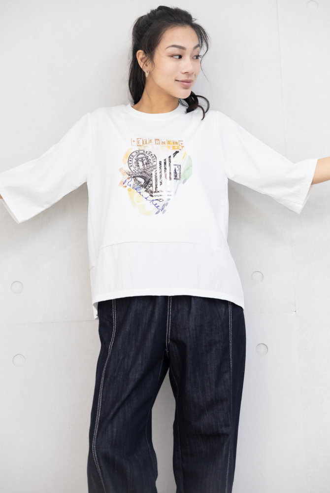 반팔 雷射印花異材質拼接上衣 / 白色