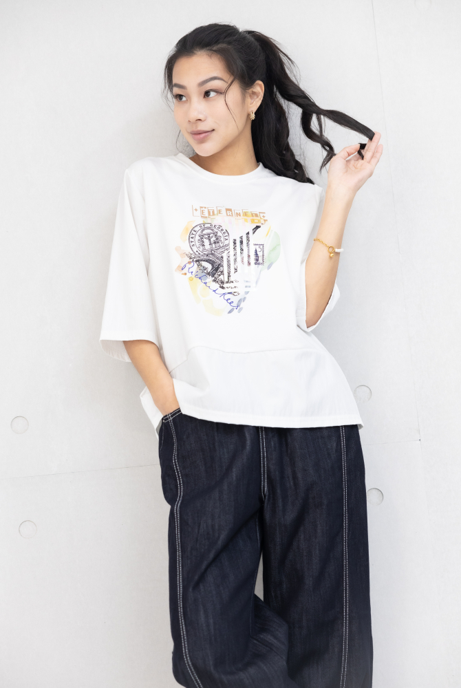 반팔 雷射印花異材質拼接上衣 / 白色