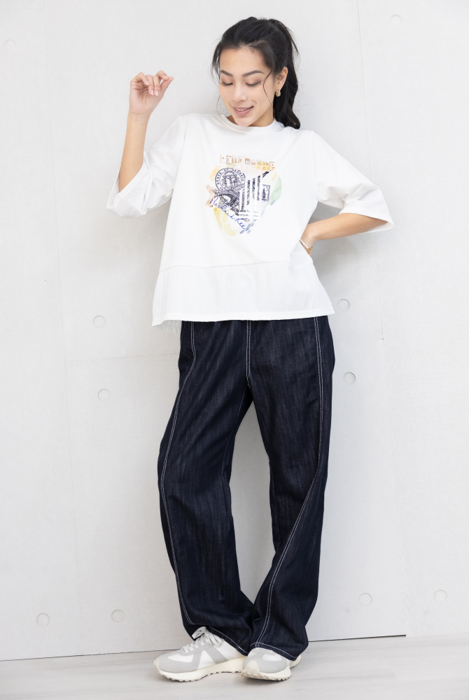 반팔 雷射印花異材質拼接上衣 / 白色