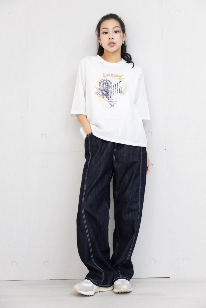 반팔 雷射印花異材質拼接上衣 / 白色