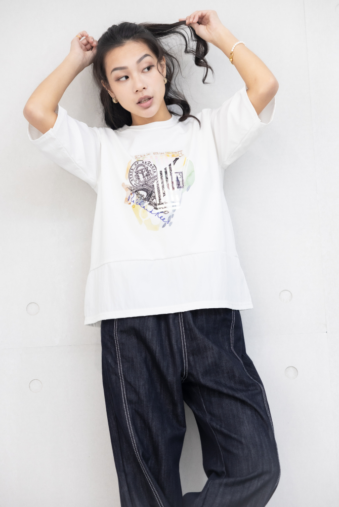 반팔 雷射印花異材質拼接上衣 / 白色