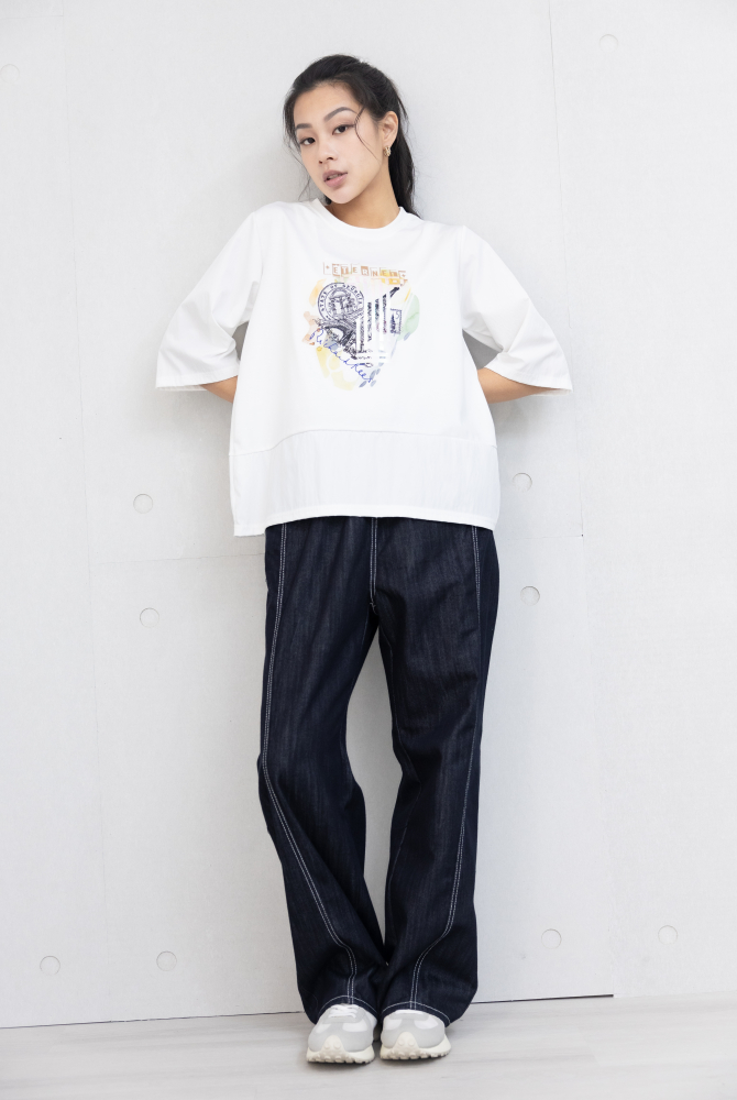 반팔 雷射印花異材質拼接上衣 / 白色