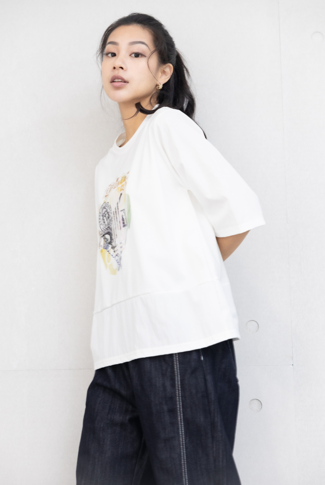 반팔 雷射印花異材質拼接上衣 / 白色