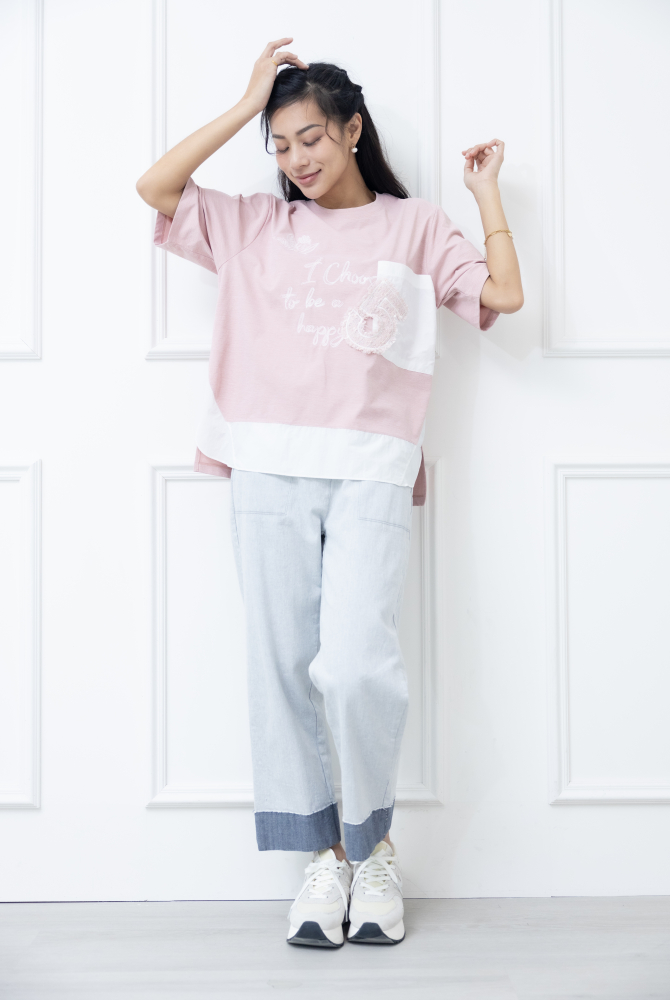 반팔 粉紅色電銹異材質拼接上衣 / 粉紅色