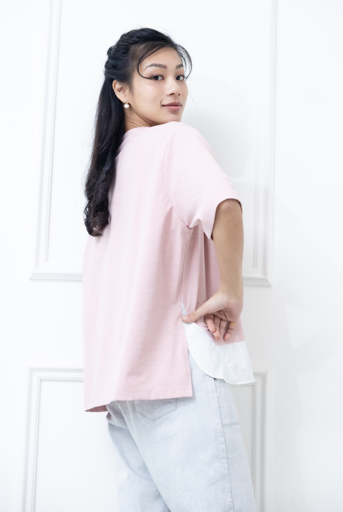 반팔 粉紅色電銹異材質拼接上衣 / 粉紅色