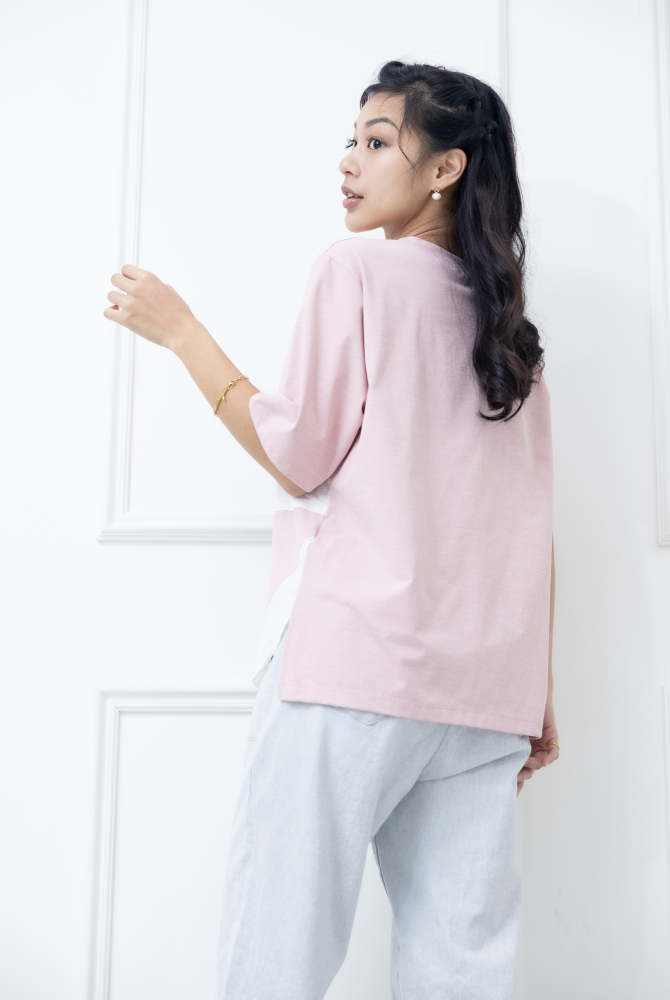 반팔 粉紅色電銹異材質拼接上衣 / 粉紅色