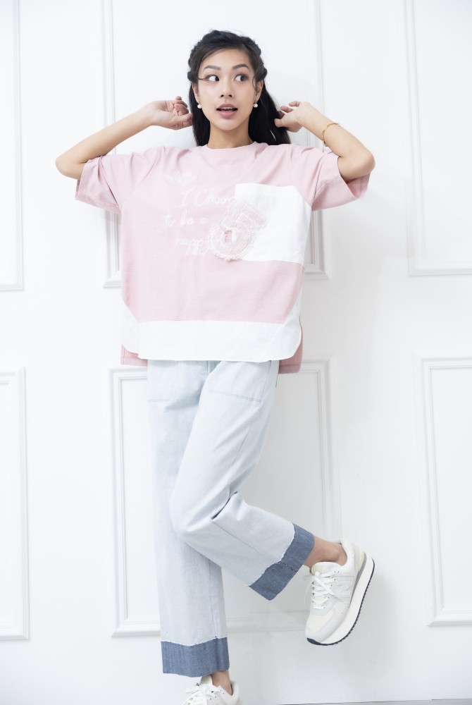 반팔 粉紅色電銹異材質拼接上衣 / 粉紅色