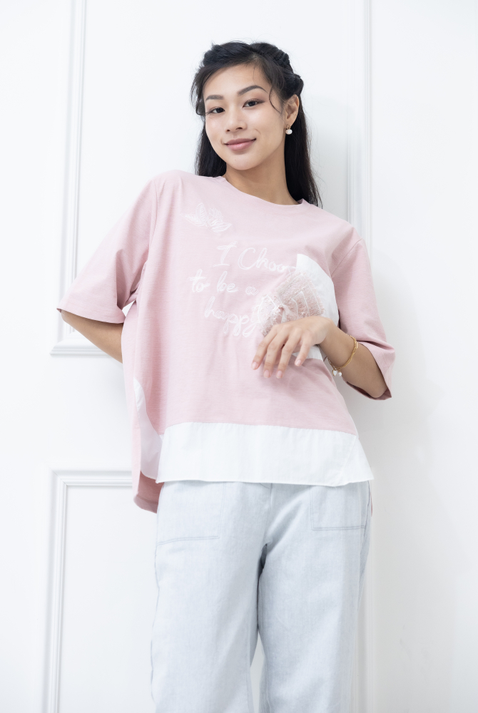 반팔 粉紅色電銹異材質拼接上衣 / 粉紅色