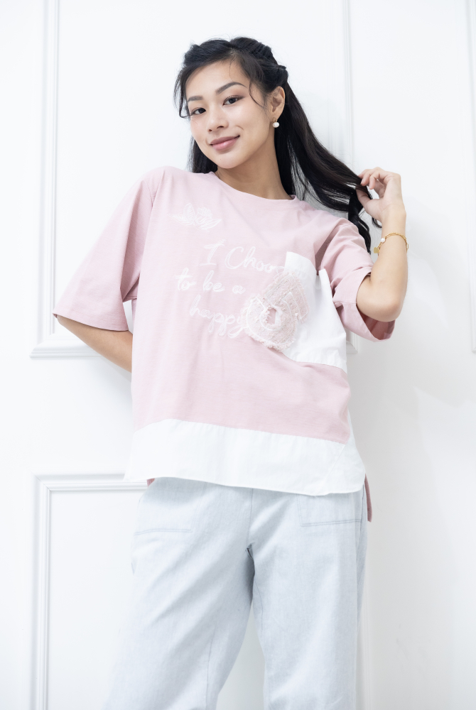 반팔 粉紅色電銹異材質拼接上衣 / 粉紅色