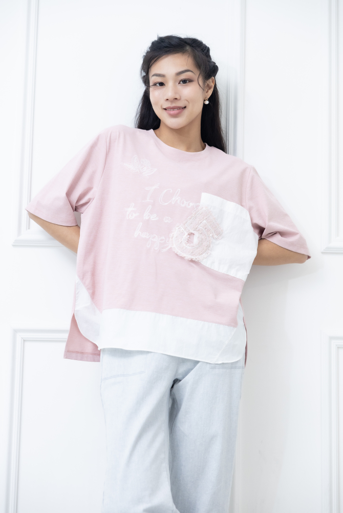 반팔 粉紅色電銹異材質拼接上衣 / 粉紅色