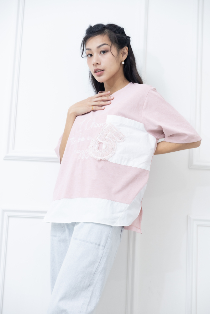 반팔 粉紅色電銹異材質拼接上衣 / 粉紅色