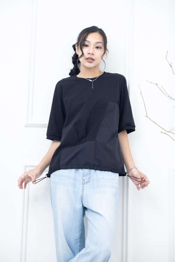 반팔 抽繩風衣材質上衣 / 黑色