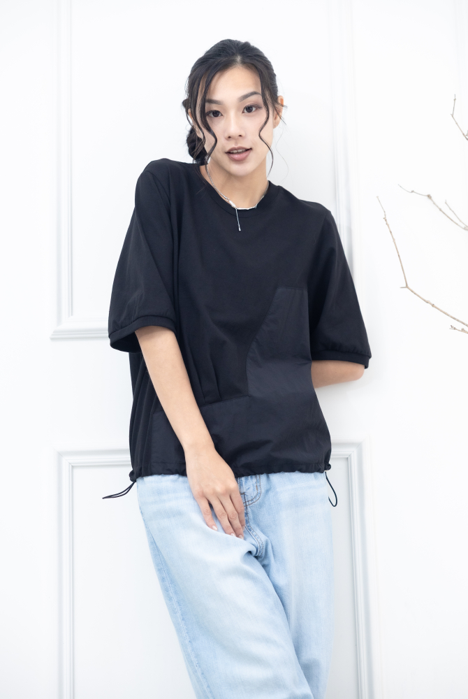 반팔 抽繩風衣材質上衣 / 黑色