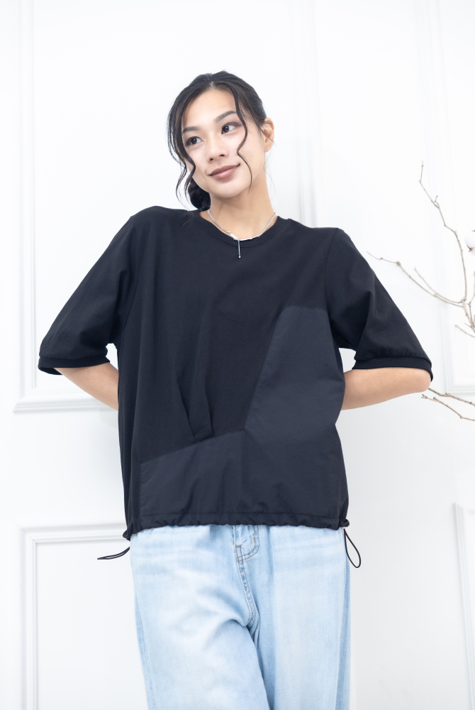 반팔 抽繩風衣材質上衣 / 黑色