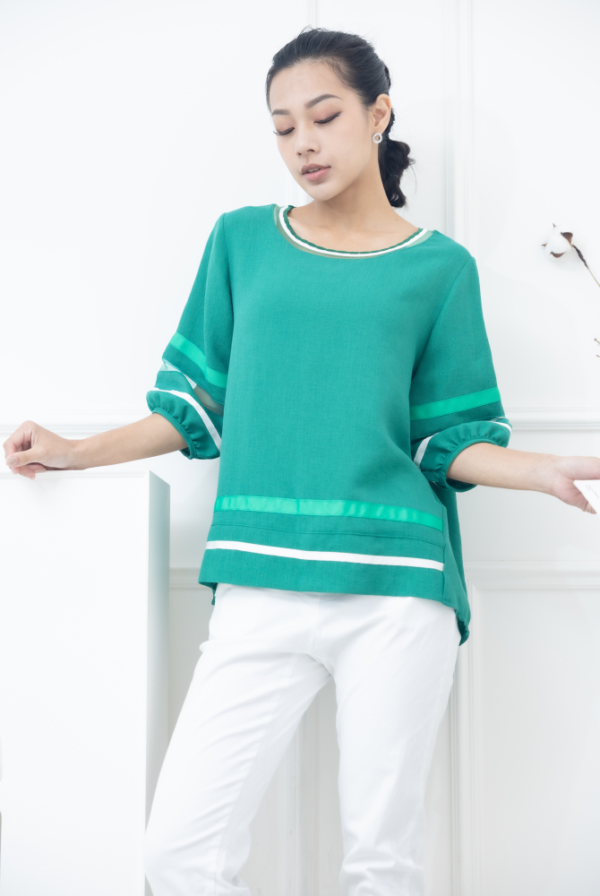 반팔 袖子網狀白色線條前短後長上衣 / 綠色