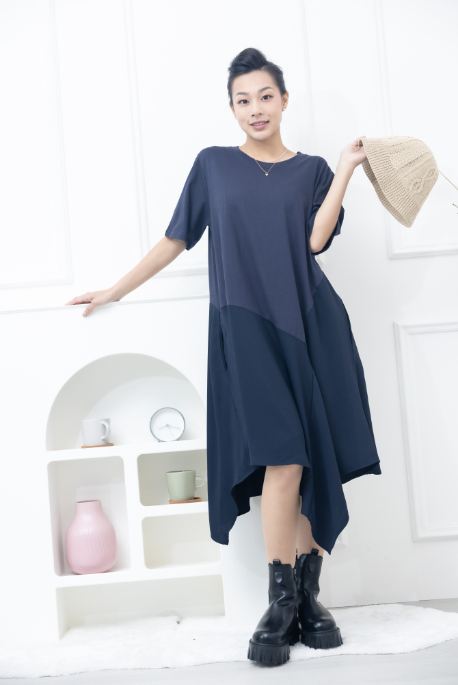 원피스 不規則雪紡下擺洋裝 / 深藍色