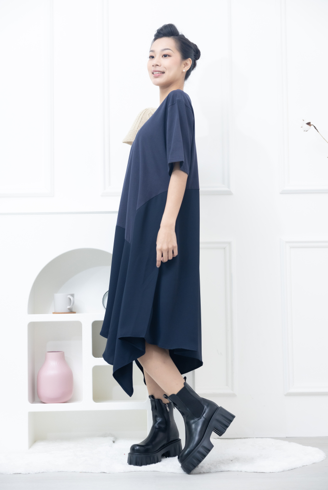 원피스 不規則雪紡下擺洋裝 / 深藍色