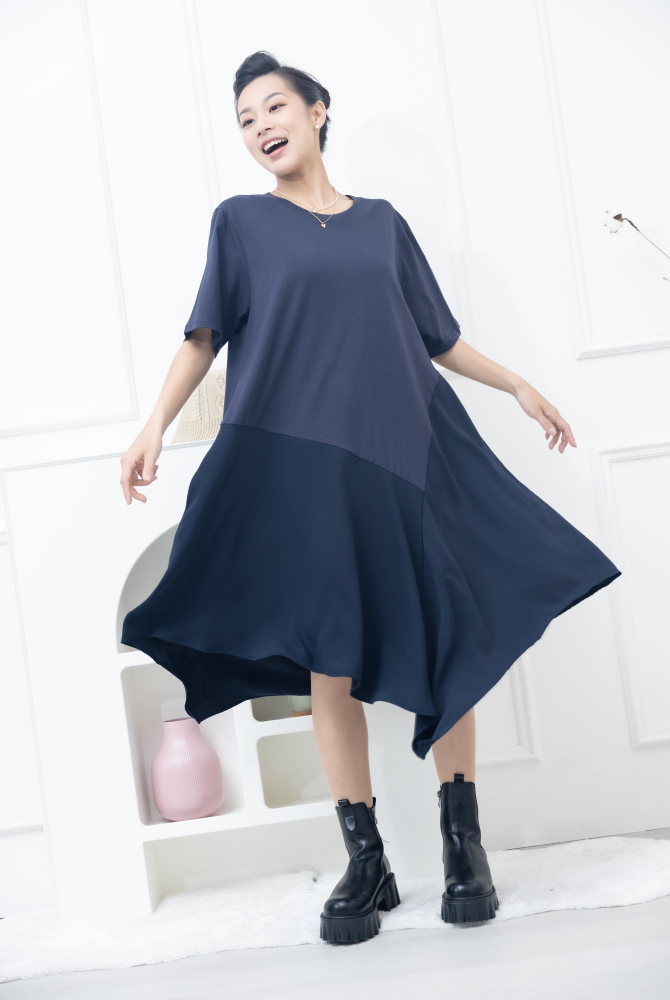 원피스 不規則雪紡下擺洋裝 / 深藍色