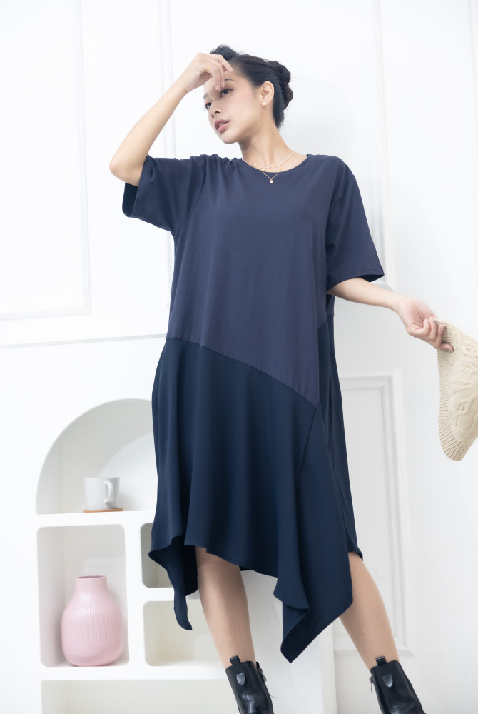 원피스 不規則雪紡下擺洋裝 / 深藍色