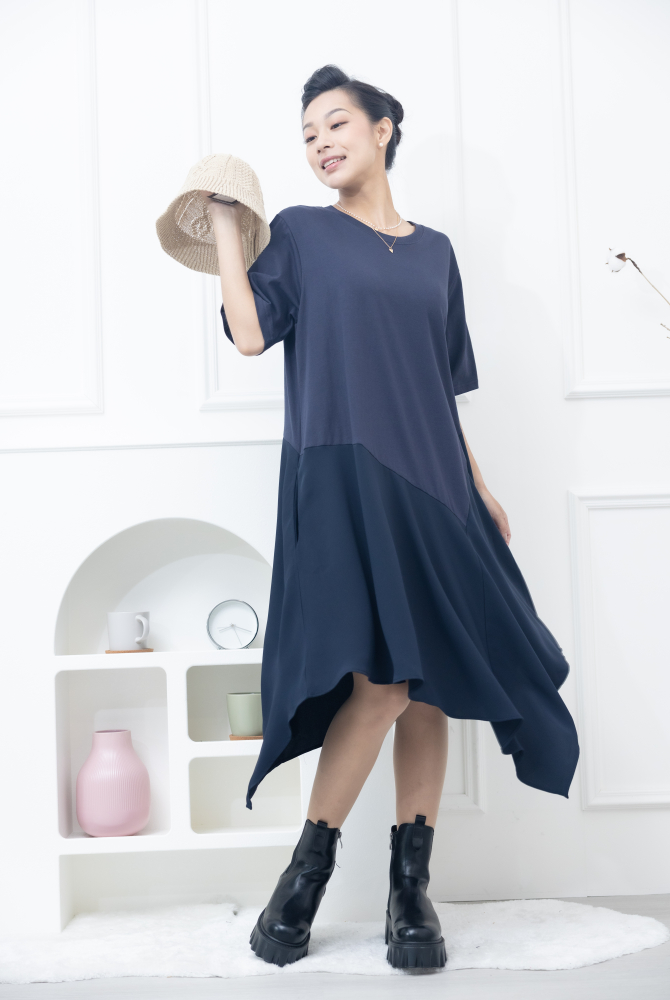 원피스 不規則雪紡下擺洋裝 / 深藍色