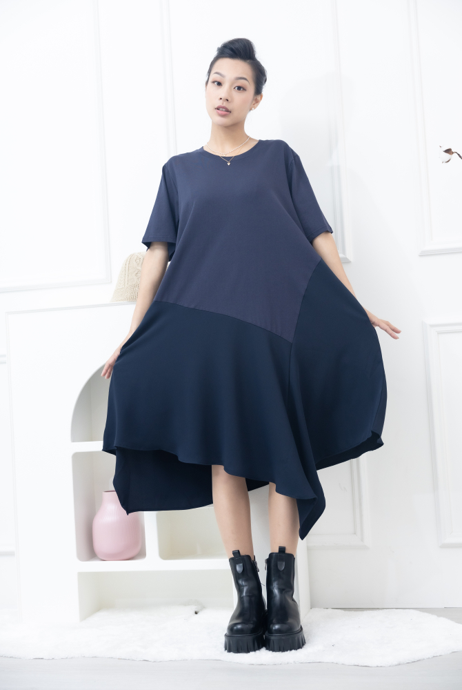 원피스 不規則雪紡下擺洋裝 / 深藍色