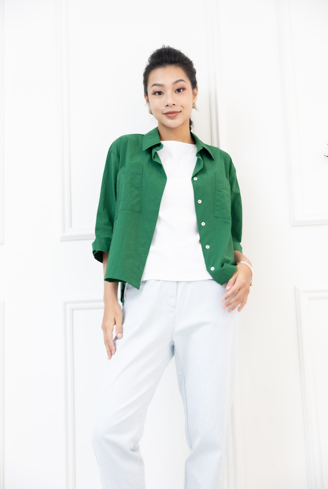 반팔 胸前口袋五分袖襯衫 /綠色