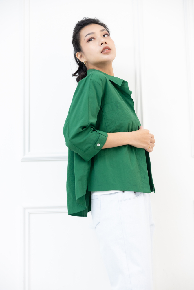 반팔 胸前口袋五分袖襯衫 /綠色