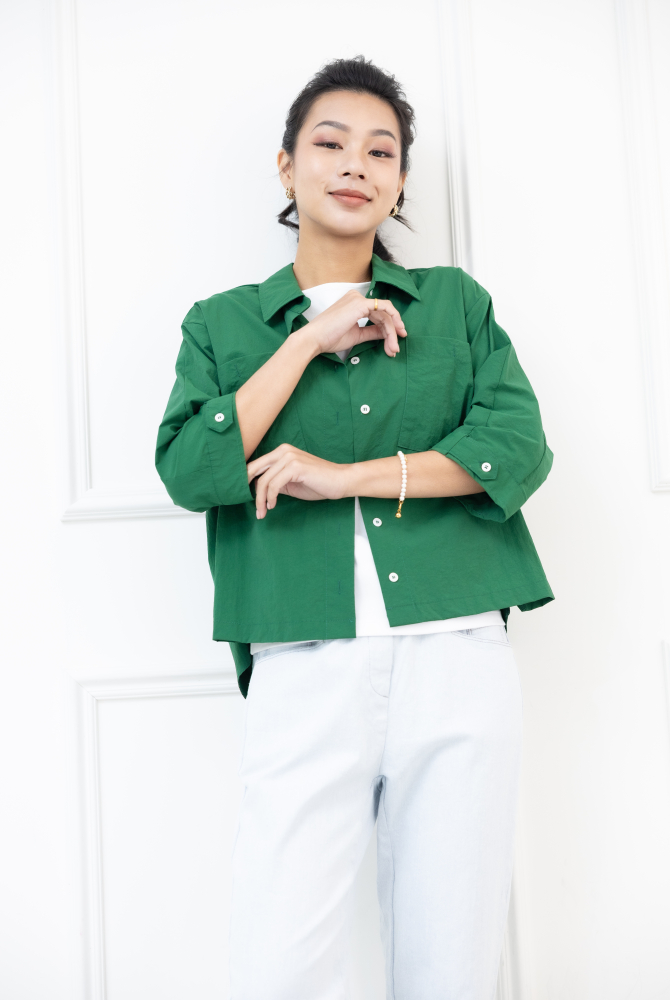 반팔 胸前口袋五分袖襯衫 /綠色