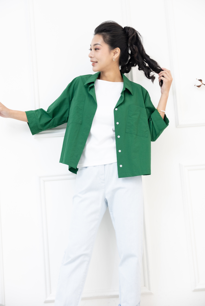 반팔 胸前口袋五分袖襯衫 /綠色