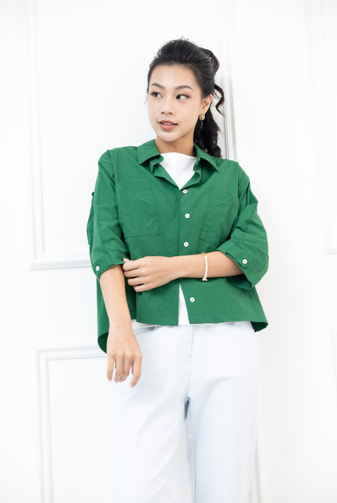 반팔 胸前口袋五分袖襯衫 /綠色