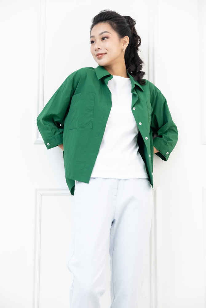 반팔 胸前口袋五分袖襯衫 /綠色