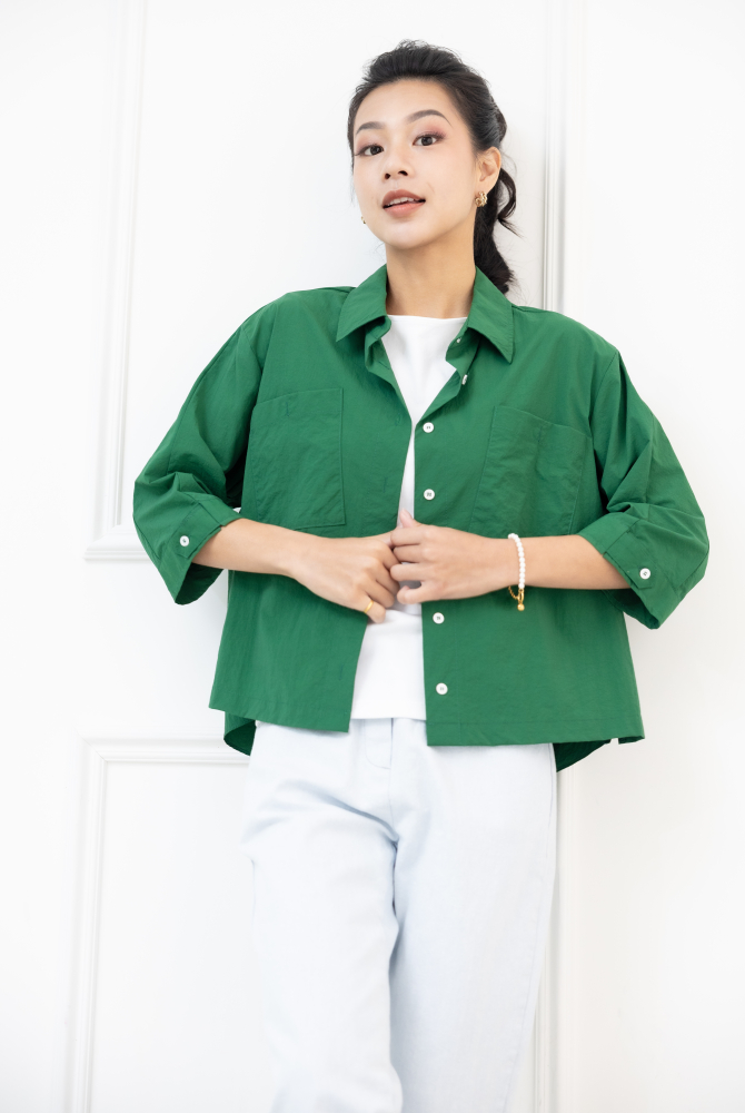 반팔 胸前口袋五分袖襯衫 /綠色