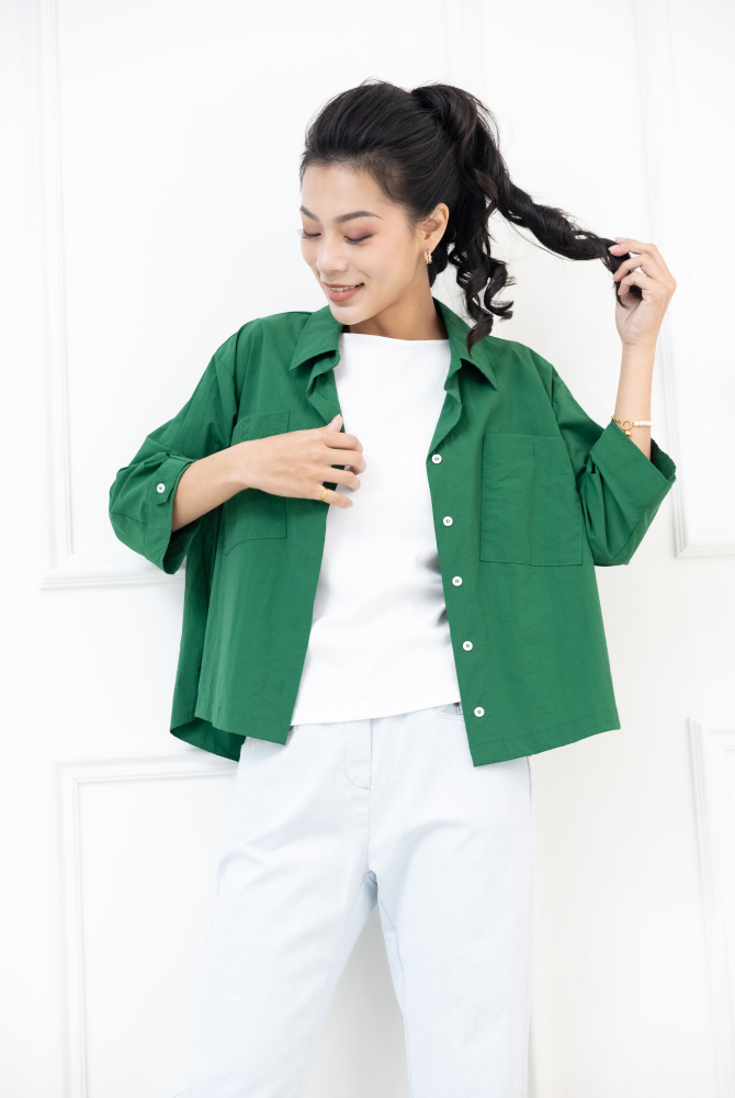 반팔 胸前口袋五分袖襯衫 /綠色
