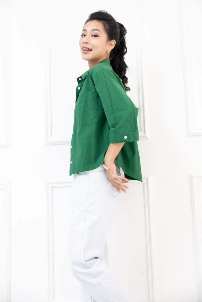 반팔 胸前口袋五分袖襯衫 /綠色