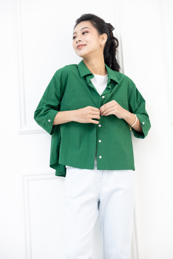 반팔 胸前口袋五分袖襯衫 /綠色