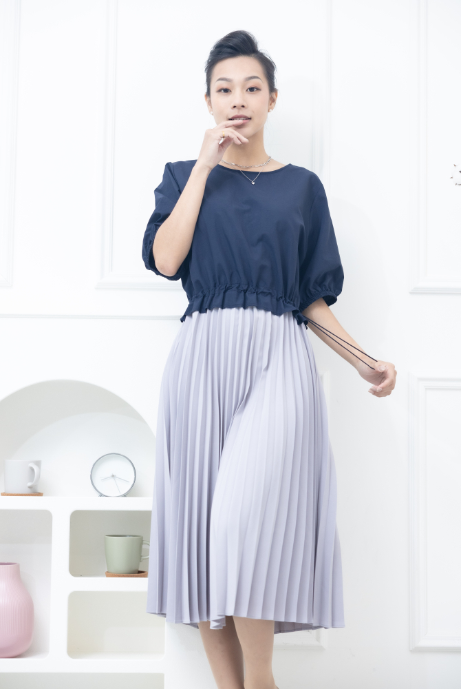 원피스 腰部抽繩深綠百褶裙洋裝 / 藍色
