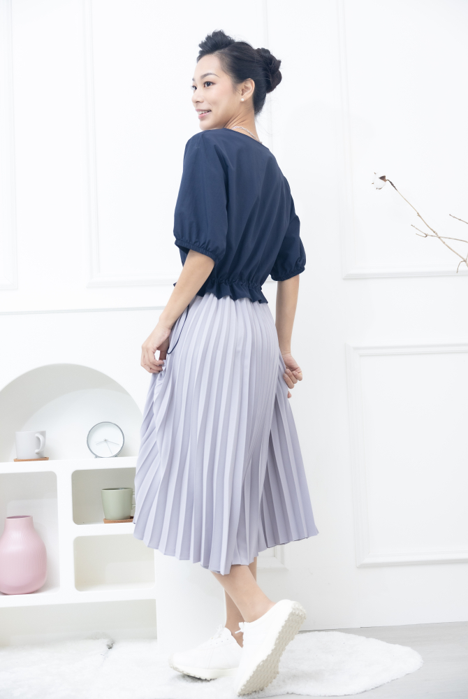 원피스 腰部抽繩深綠百褶裙洋裝 / 藍色