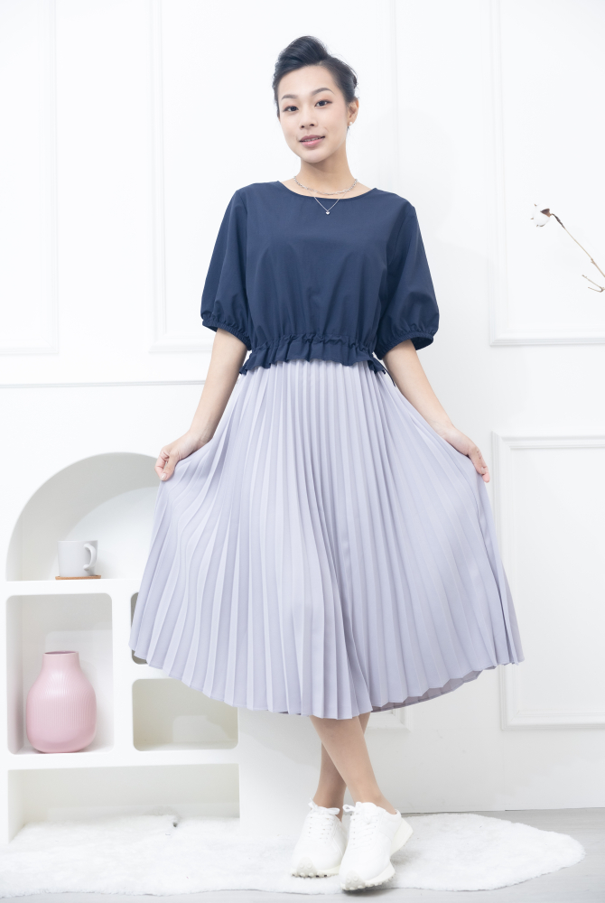 원피스 腰部抽繩深綠百褶裙洋裝 / 藍色