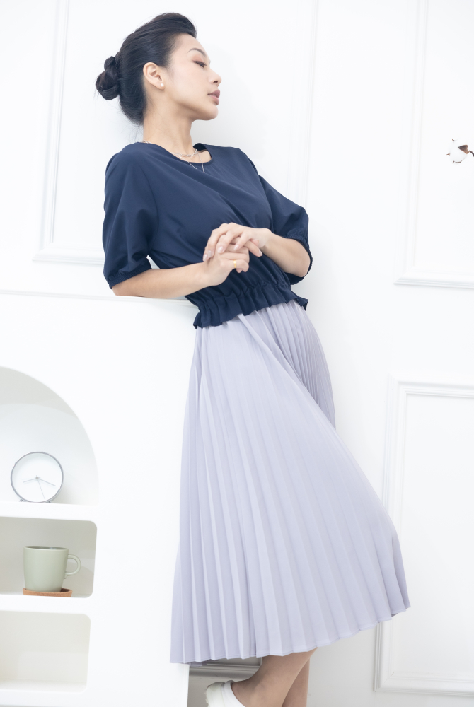 원피스 腰部抽繩深綠百褶裙洋裝 / 藍色