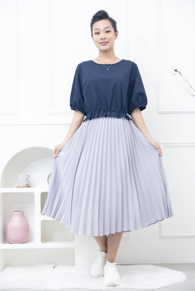 원피스 腰部抽繩深綠百褶裙洋裝 / 藍色