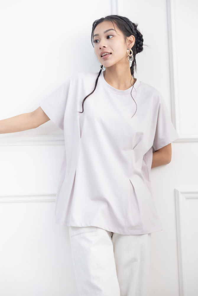 반팔 前面腰處打摺素面上衣 / 淺灰色