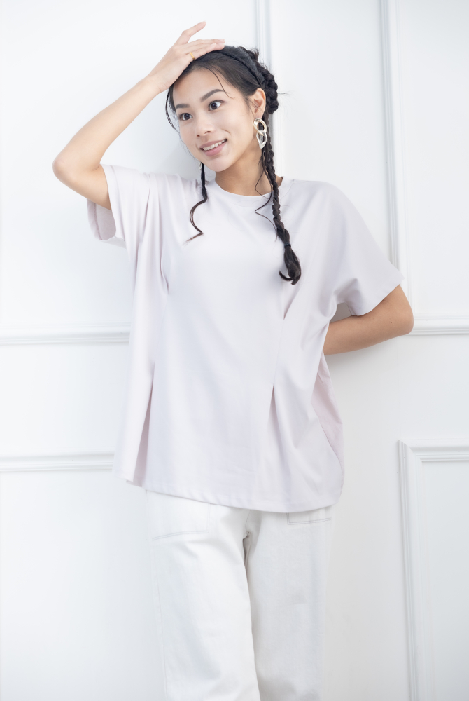 반팔 前面腰處打摺素面上衣 / 淺灰色