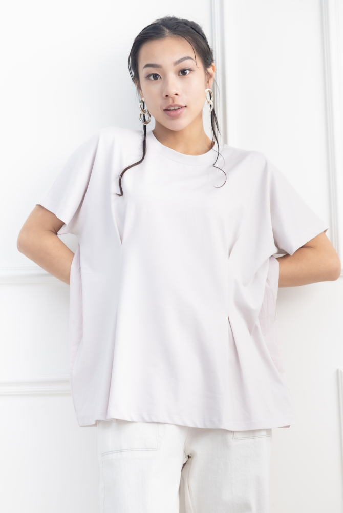 반팔 前面腰處打摺素面上衣 / 淺灰色