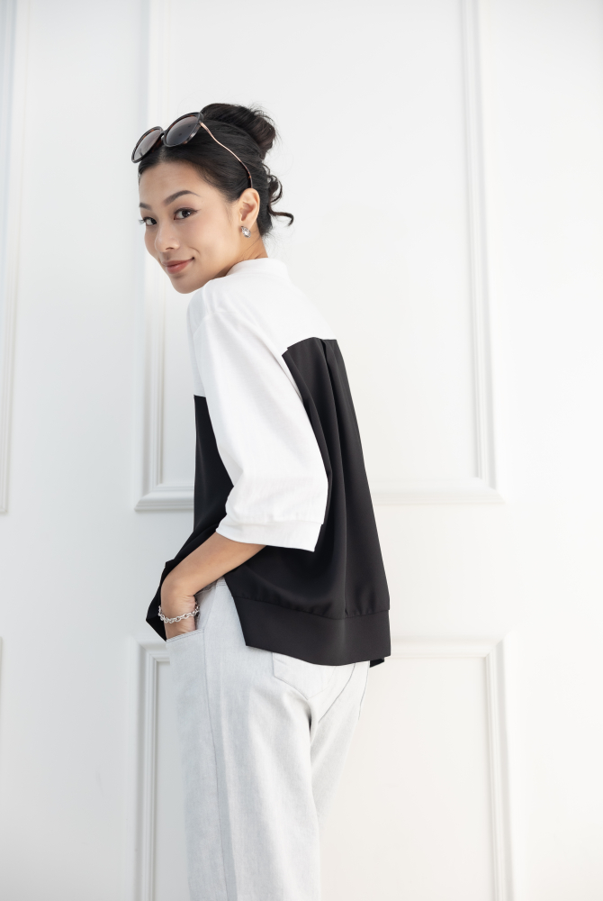 반팔 拼接白色異材質短袖上衣 / 黑色